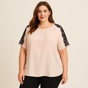 1X - In Every Story by Penningtons Blush Pink Blouse with Black Lace
